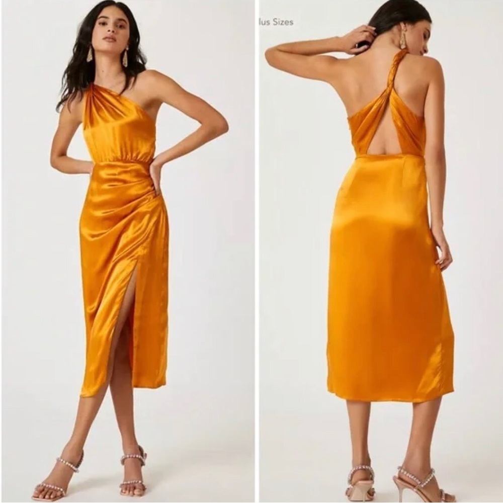 Anthropologie Golden Satin One-Shoulder Midi Dress